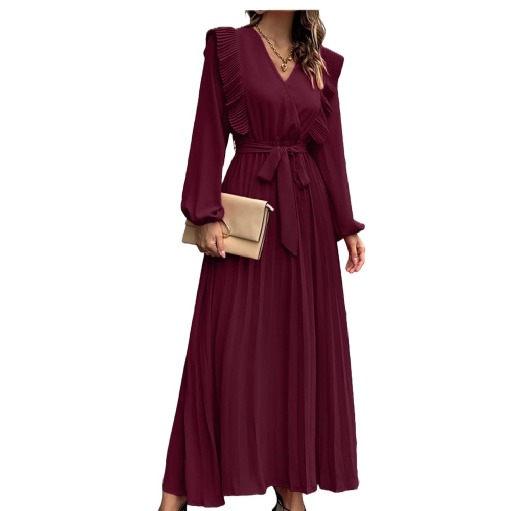 Burgundy Pleated Maxi Dress Wrap V Neck Long Flowy Chiffon Dress with Belt